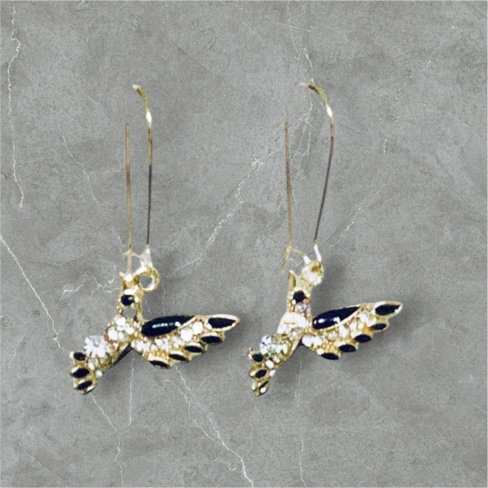 BOUTIQUE Elegant Gold and Black Bird Earrings, Hummingbird